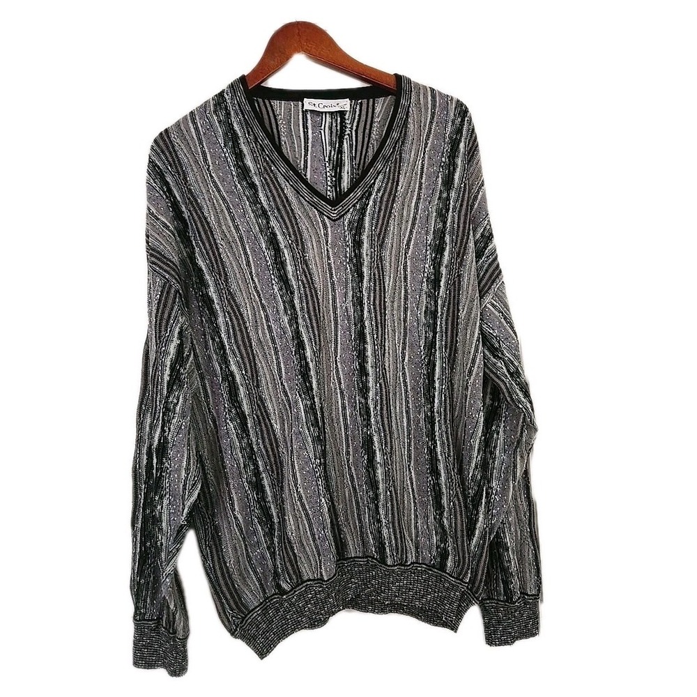 Vtg 80s St Croix Sweater XL Mens V Neck 3D Knit Textured Abstract Made In USA